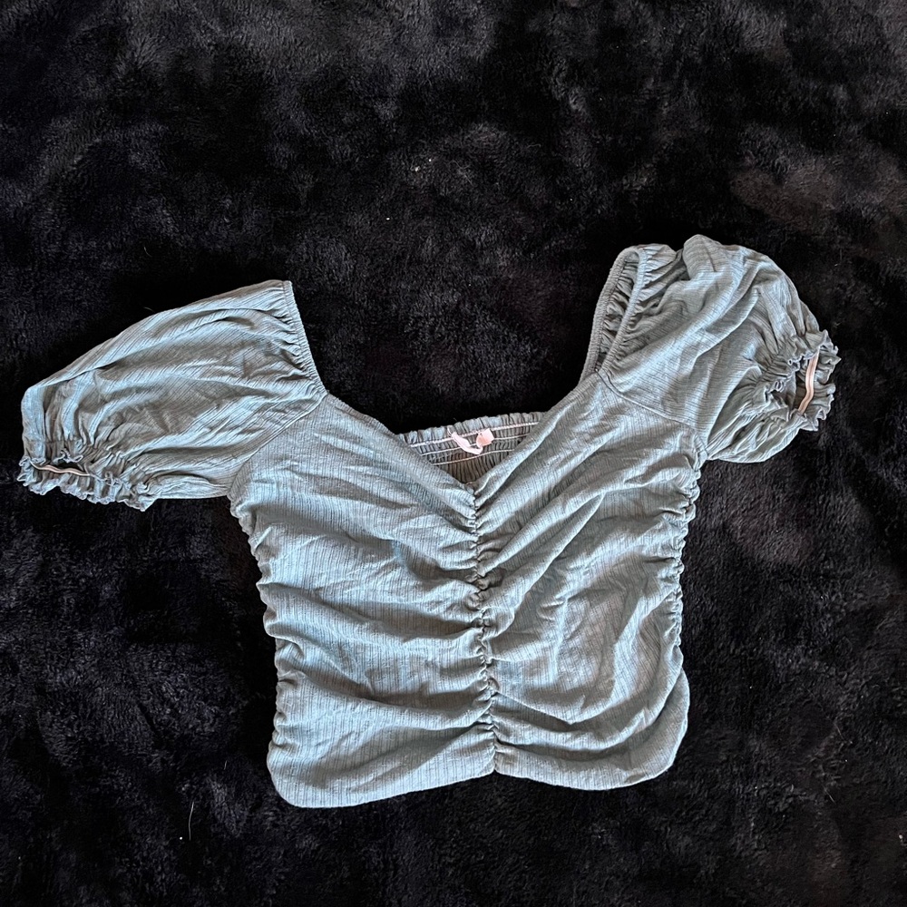 Lush Ruched Puff Sleeve Blouse - Gray size XL